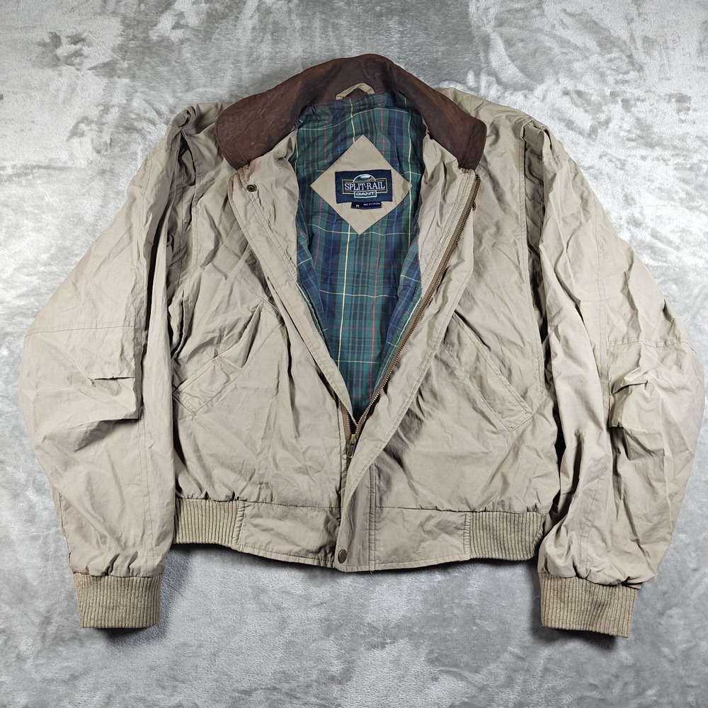 Vintage Gant Jacket Men Medium Plaid Leather Collar Bomber Harrington Split Rail